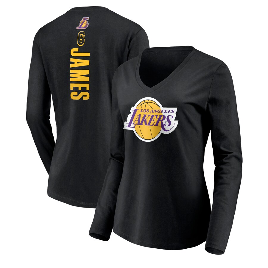 Women's Los Angeles Lakers LeBron James Black #6 Playmaker Name & Number Long Sleeve V-Neck T-Shirt - Puhuasuan