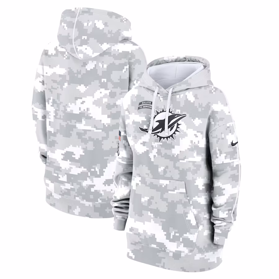 Women's Miami Dolphins Nike Arctic Camo 2024 Salute To Service Club Fleece Pullover Hoodie - Puhuasuan