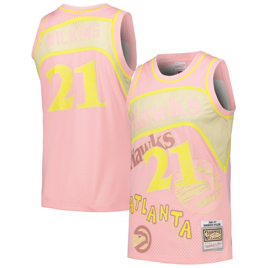 Men's Atlanta Hawks Dominique Wilkins Mitchell & Ness Pink 1986/87 Swingman Sidewalk Sketch Jersey - Puhuasuan