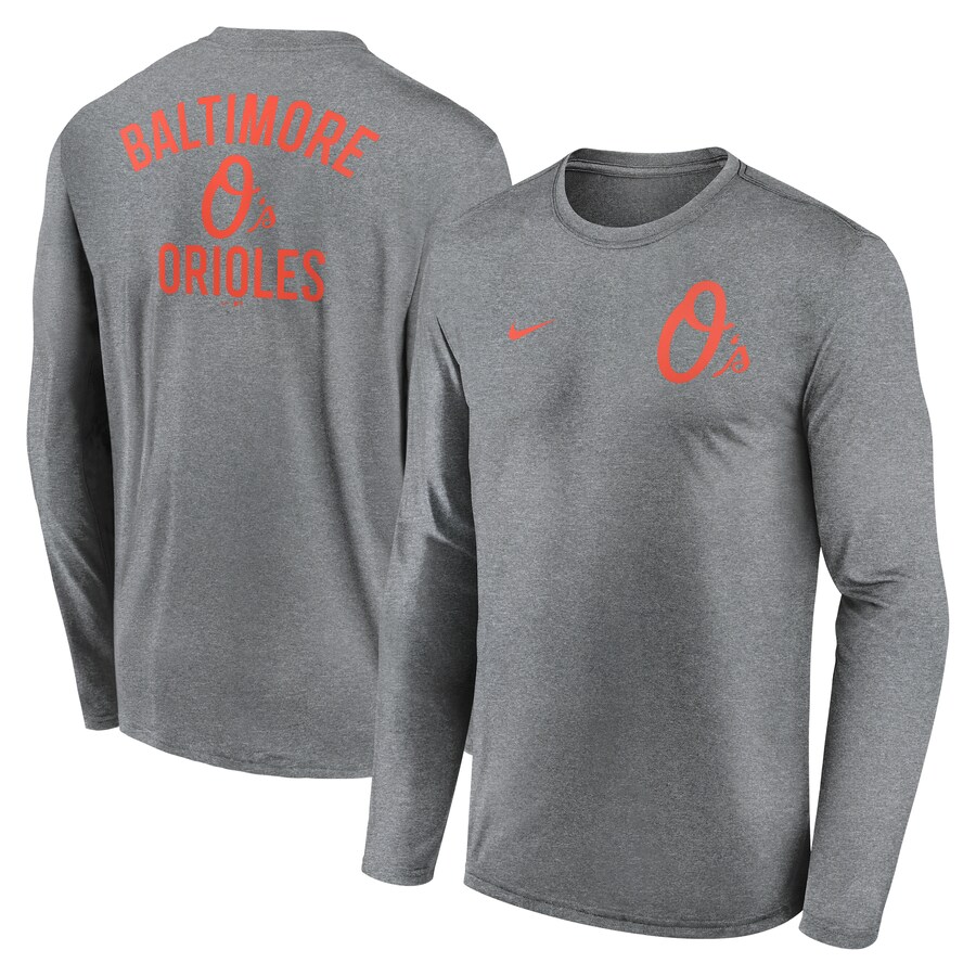 Men's Baltimore Orioles Nike Heather Charcoal 2-Hit Legend Performance Long Sleeve T-Shirt - Puhuasuan