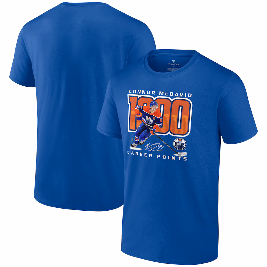 Men's Edmonton Oilers Connor McDavid Royal 1,000 Career Points T-Shirt - Puhuasuan