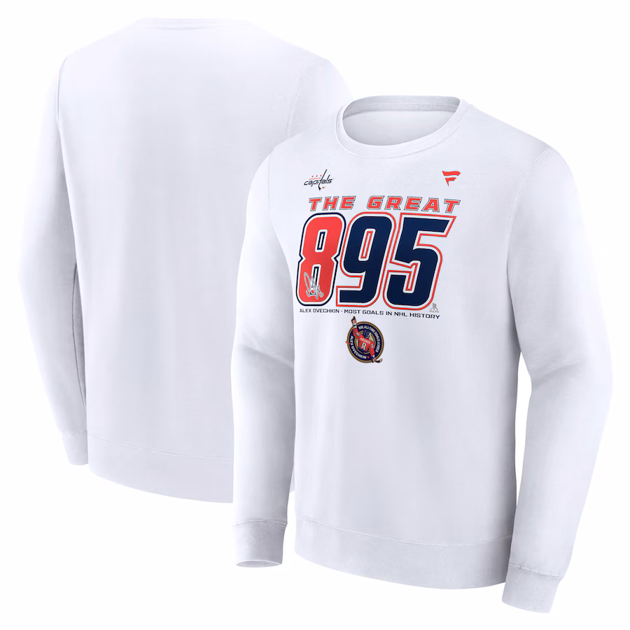 Men's Washington Capitals Alexander Ovechkin Fanatics White NHL All-Time Leading Goal Scorer The Great 895 Fleece Pullover Sweatshirt - Puhuasuan