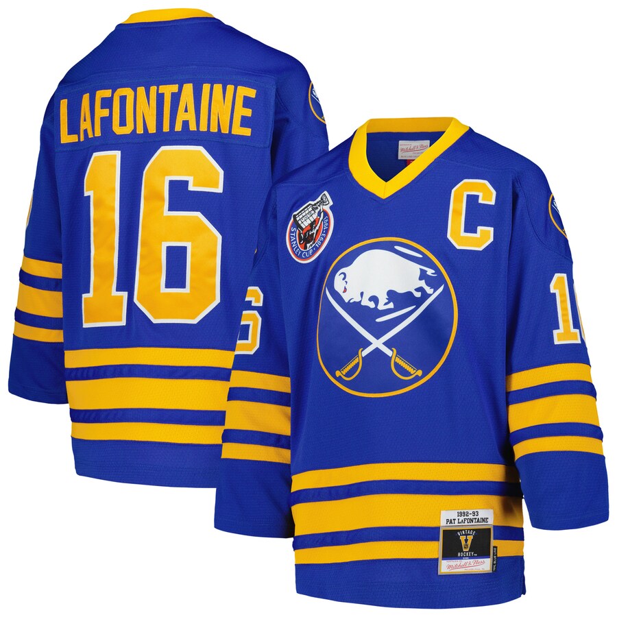 Youth Buffalo Sabres Pat LaFontaine Mitchell & Ness Royal Captain Patch 1992 Blue Line Player Jersey - Puhuasuan