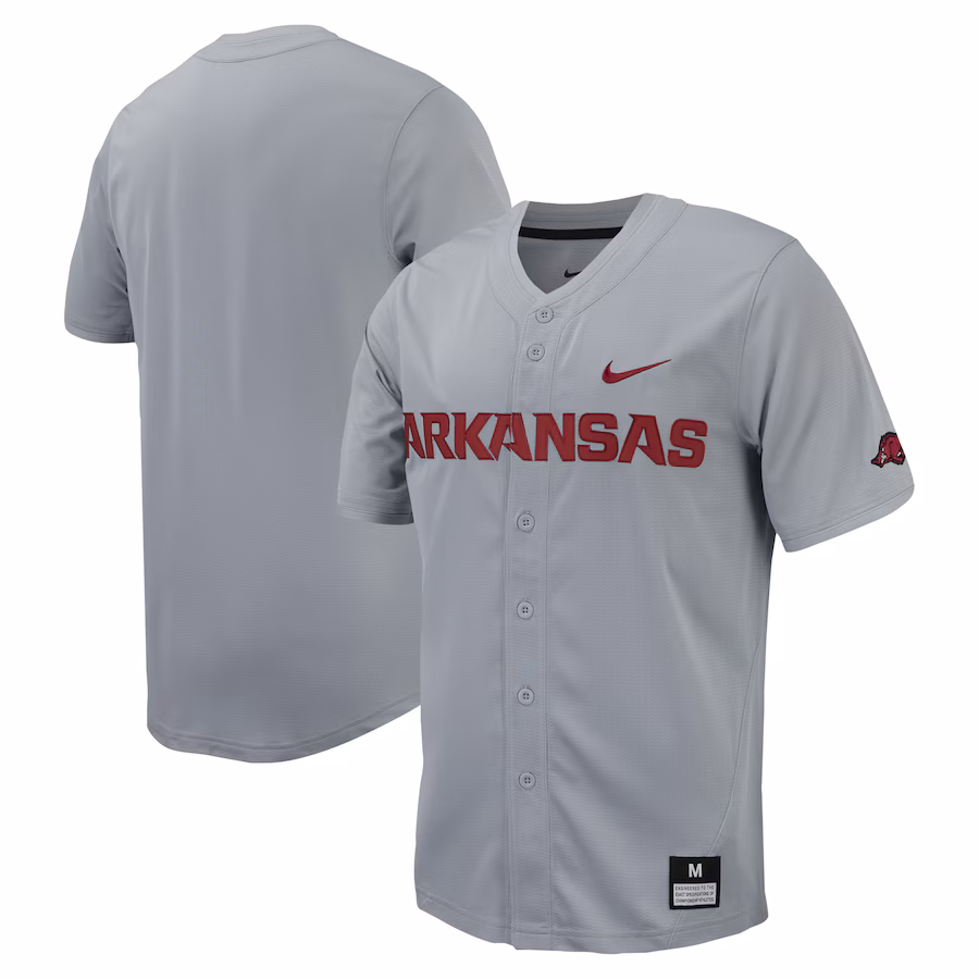 Men's Nike Gray Arkansas Razorbacks Replica Full-Button Baseball Jersey - Puhuasuan