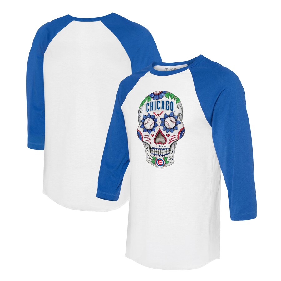 Unisex Chicago Cubs Tiny Turnip White/Royal Sugar Skull 3/4-Sleeve Raglan T-Shirt - Puhuasuan