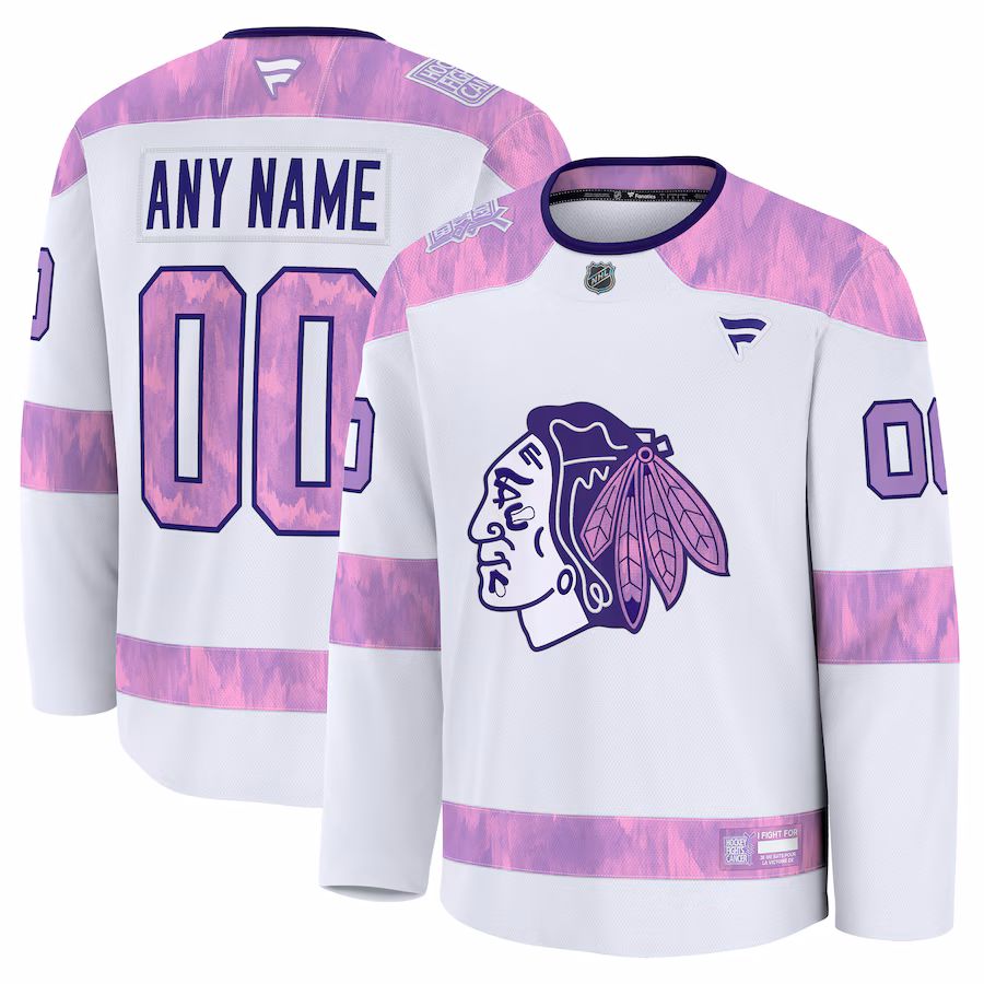 Men's Chicago Blackhawks Fanatics White 2024 Hockey Fights Cancer Custom Practice Jersey - Puhuasuan