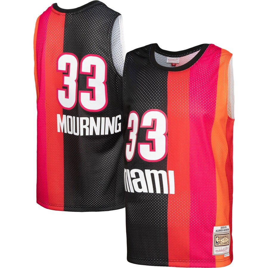 Men's Miami Heat Alonzo Mourning Mitchell & Ness Black/Red Hardwood Classics 2005/06 Split Swingman Jersey - Puhuasuan