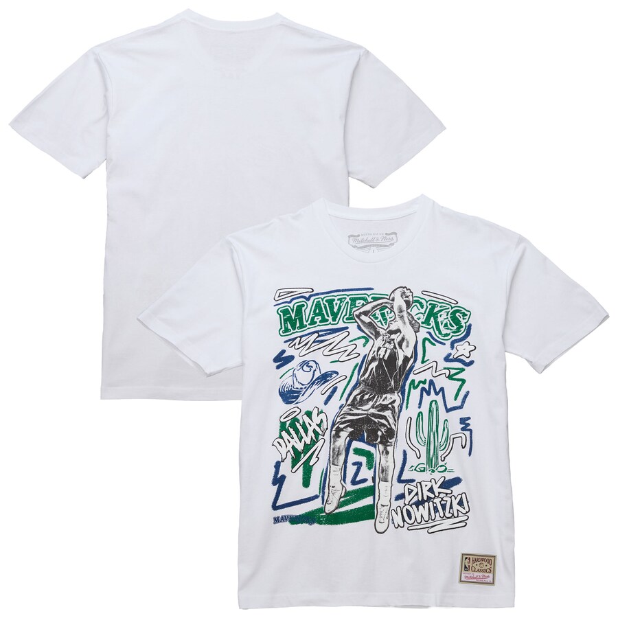 Men's Dallas Mavericks Dirk Nowitzki Mitchell & Ness White Hardwood Classics Chalked Up T-Shirt - Puhuasuan
