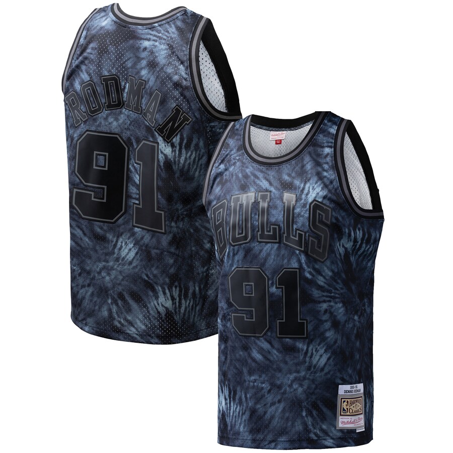 Men's Chicago Bulls Dennis Rodman Mitchell & Ness Black Hardwood Classics 1995/96 Tie-Dye Swingman Jersey - Puhuasuan