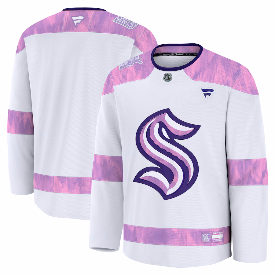 Men's Seattle Kraken Fanatics White 2024 Hockey Fights Cancer Practice Jersey - Puhuasuan