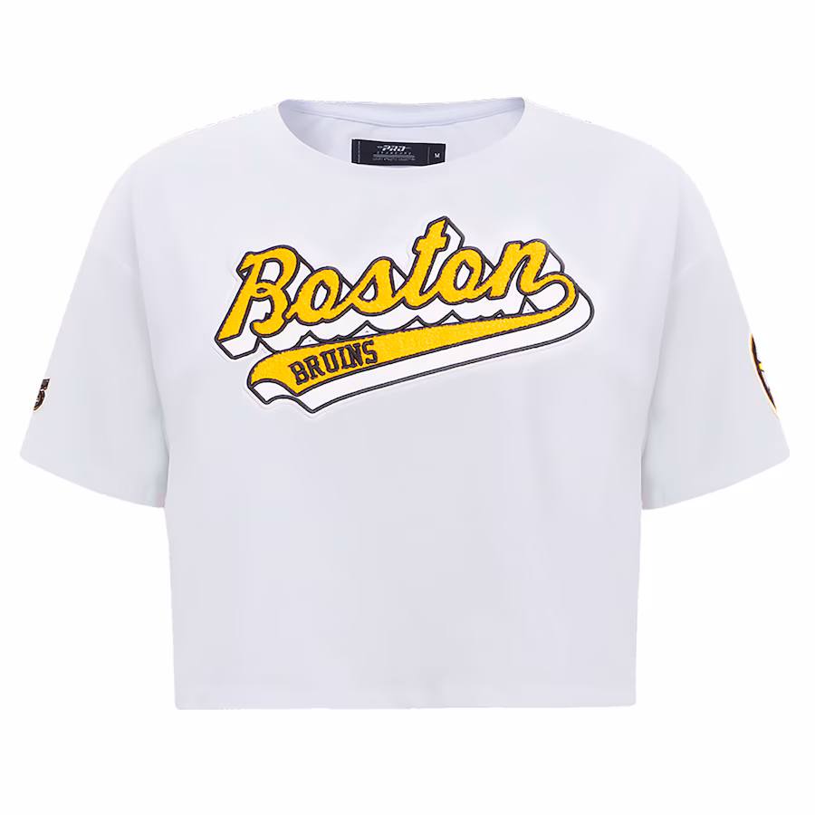 Women's Boston Bruins Pro Standard White Boxy Script Tail Cropped T-Shirt - Puhuasuan