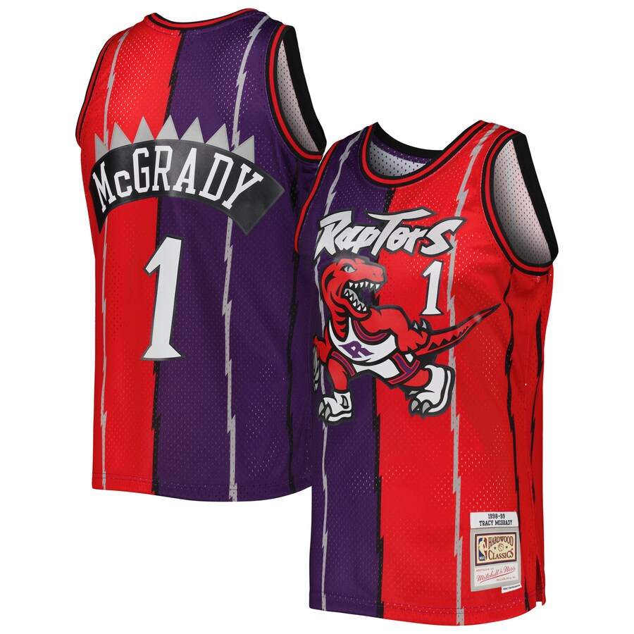 Men's Toronto Raptors Tracy McGrady Mitchell & Ness Purple/Red Hardwood Classics Mitchell & Ness Split Swingman Jersey - Puhuasuan