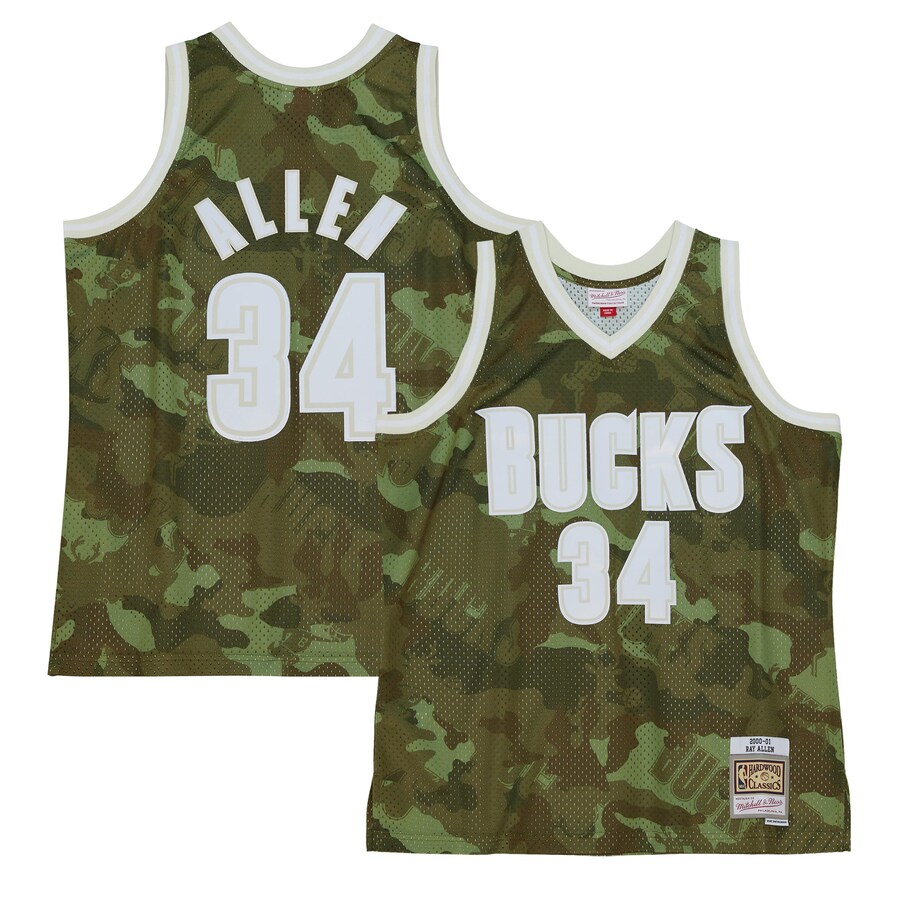 Men's Milwaukee Bucks Ray Allen Mitchell & Ness Camo Hardwood Classics 2000/01 Ghost Green Swingman Jersey - Puhuasuan