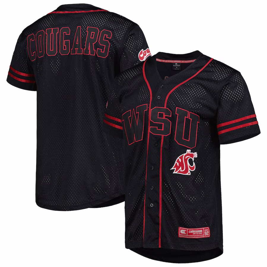 Washington State Cougars Colosseum Free Spirited Mesh Button-Up Baseball Jersey - Black - Puhuasuan
