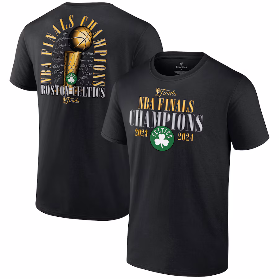 Men's Boston Celtics Fanatics Black 2024 NBA Finals Champions Fade Away Jumper Roster Signature T-Shirt - Puhuasuan