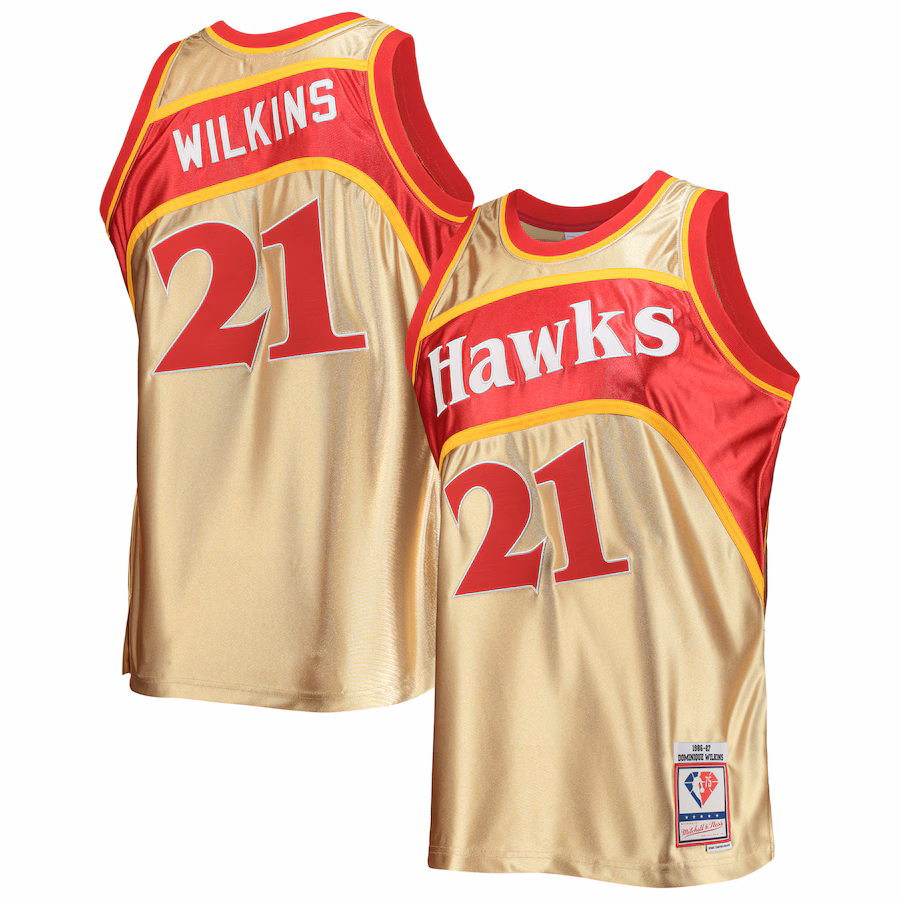 Men's Atlanta Hawks Dominique Wilkins Gold Mitchell & Ness 75th Anniversary 1986/87 Hardwood Classics Swingman Jersey - Puhuasuan