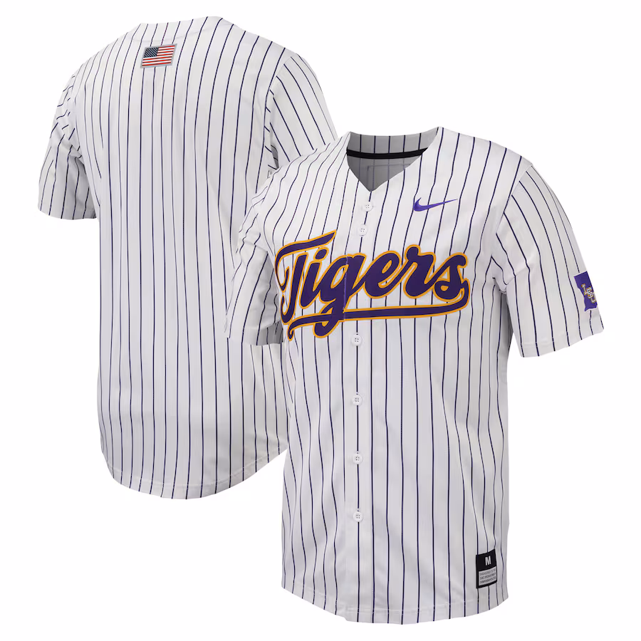 LSU Tigers Nike Pinstripe Replica Full-Button Baseball Jersey - White/Purple - Puhuasuan