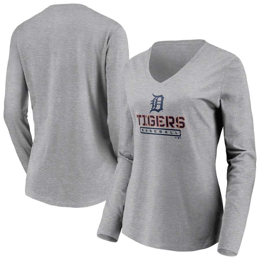 Women's Detroit Tigers Gray Evanston Stencil Long Sleeve V-Neck T-Shirt - Puhuasuan