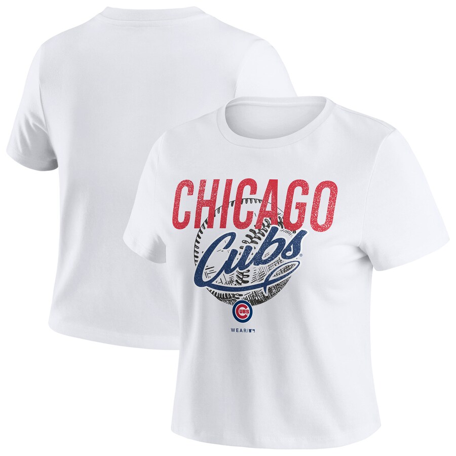 Women's Chicago Cubs WEAR by Erin Andrews White Distressed Cropped Baby T-Shirt - Puhuasuan