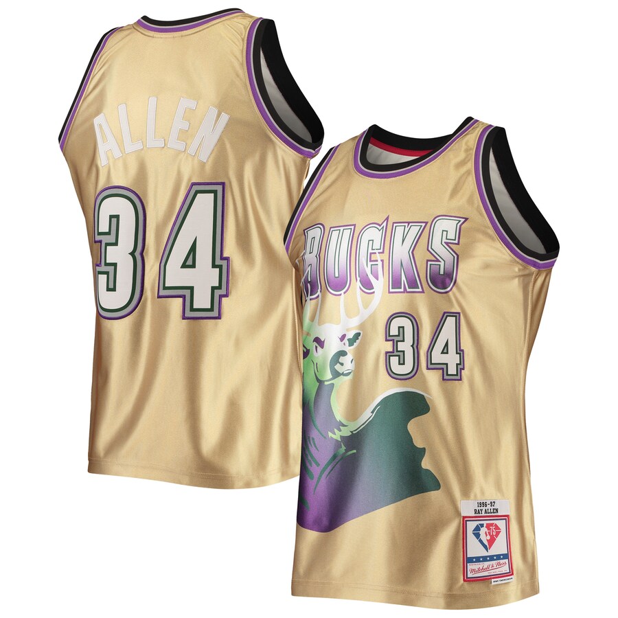 Men's Milwaukee Bucks Ray Allen Gold Mitchell & Ness 75th Anniversary 1996/97 Hardwood Classics Swingman Jersey - Puhuasuan