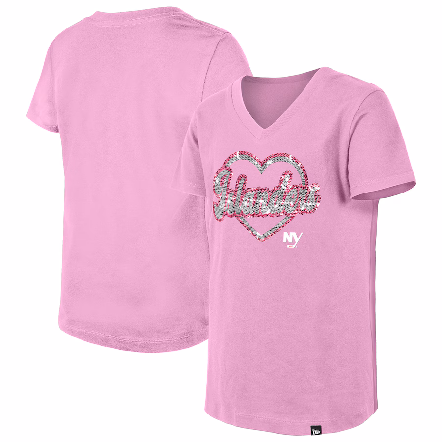 Girl's Youth New York Islanders New Era Pink Flip Sequin V-Neck T-Shirt - Puhuasuan