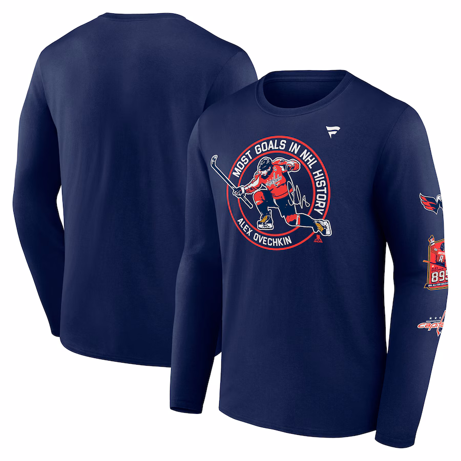 Men's Washington Capitals Alexander Ovechkin Fanatics Athletic Navy NHL All-Time Leading Goal Scorer Badges Long Sleeve T-Shirt - Puhuasuan