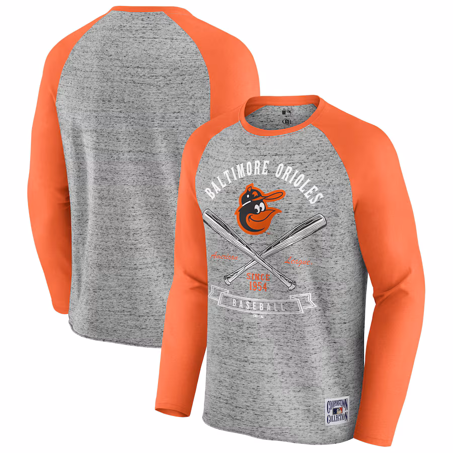 Men's Baltimore Orioles Darius Rucker Collection by Fanatics Heather Gray Raw Edge Raglan Long Sleeve Baseball T-Shirt - Puhuasuan