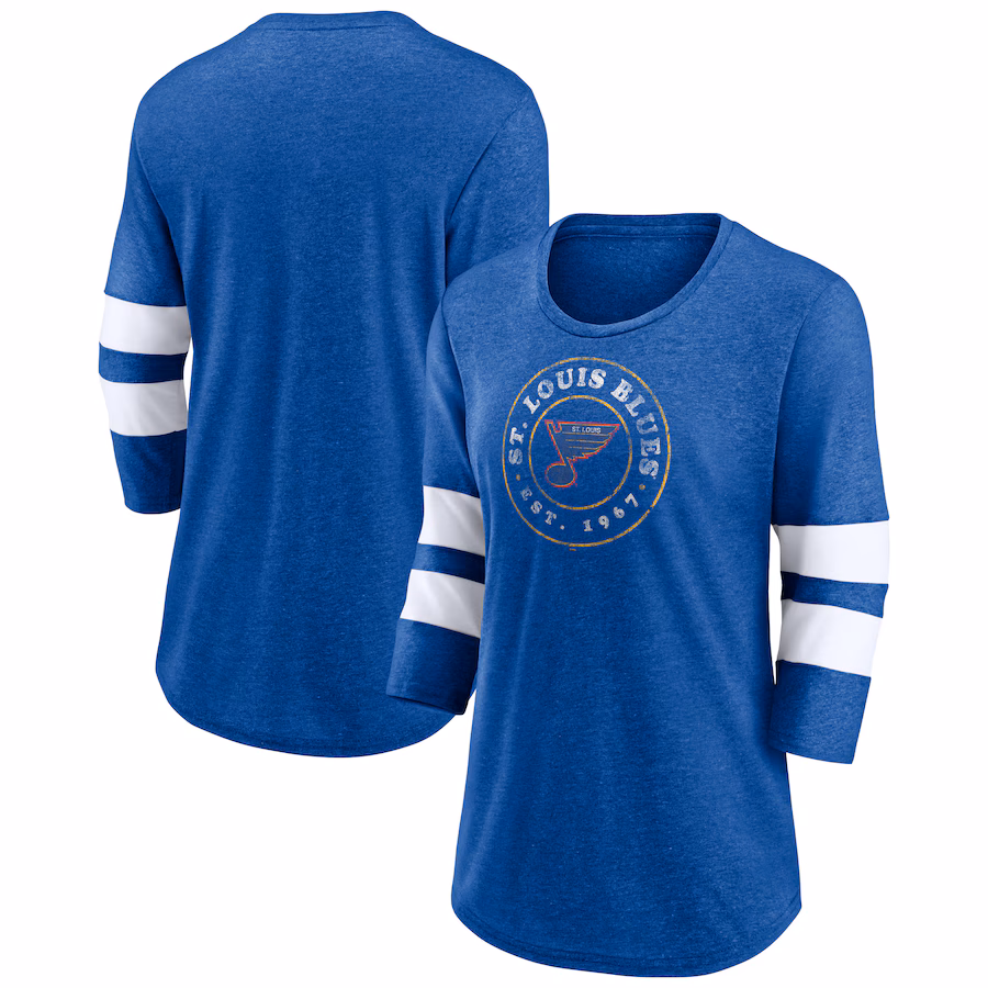 Women's St. Louis Blues Fanatics Heather Blue One Timer Tri-Blend Scoop Neck 3/4-Sleeve T-Shirt - Puhuasuan