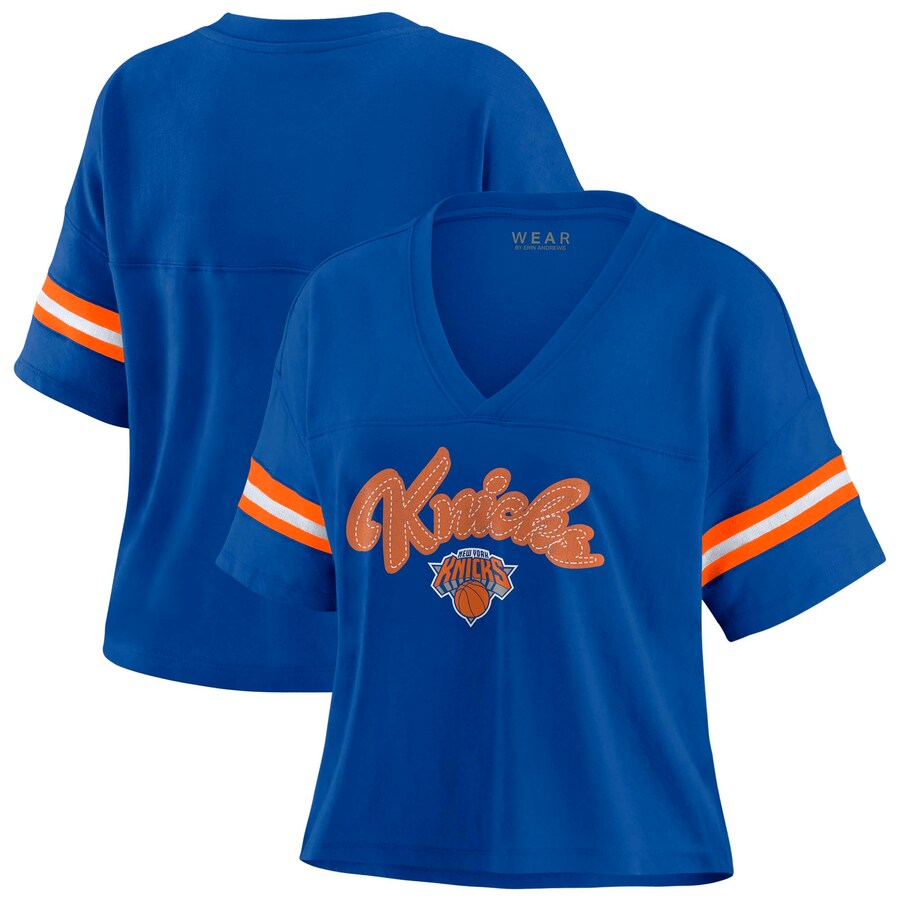 Women's New York Knicks WEAR by Erin Andrews Blue Color Block Boxy V-Neck T-Shirt - Puhuasuan