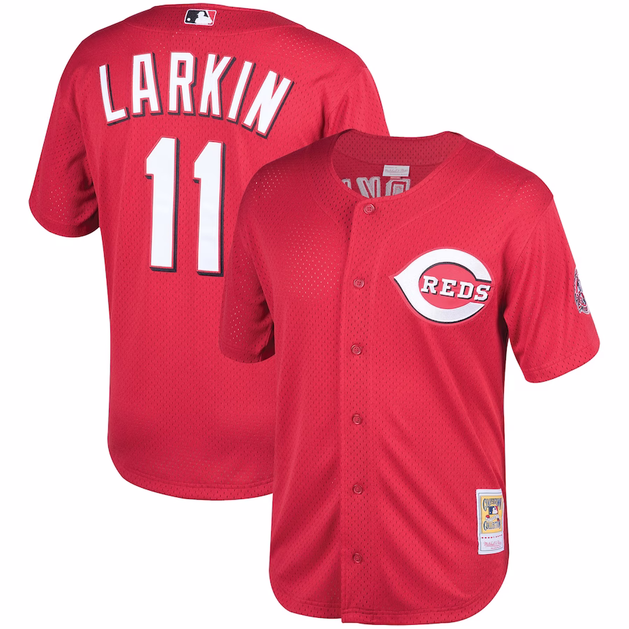 Men's Cincinnati Reds Barry Larkin Mitchell & Ness Red Throwback Cooperstown Mesh Batting Practice Jersey - Puhuasuan