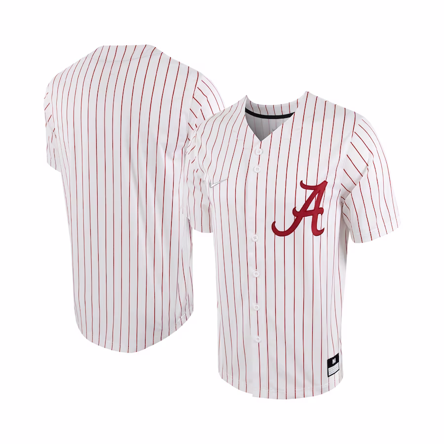 Alabama Crimson Tide Nike Pinstripe Replica Full-Button Baseball Jersey - White/Crimson - Puhuasuan
