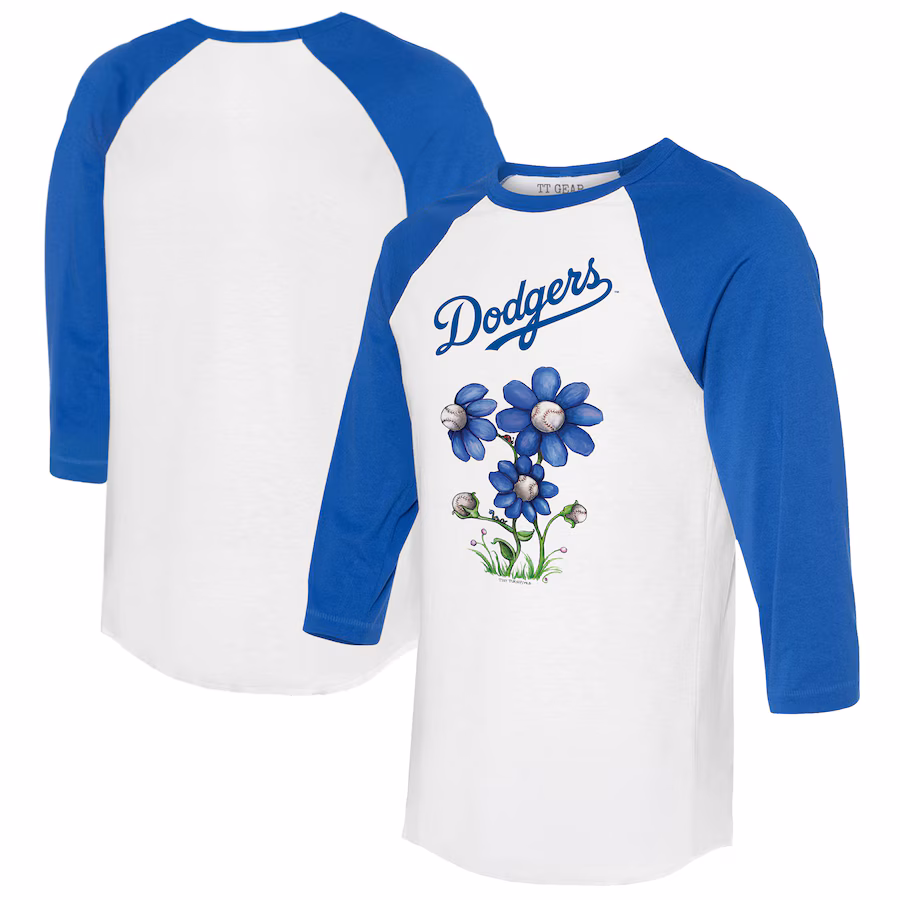 Women's Los Angeles Dodgers Tiny Turnip White/Royal Blooming Baseballs 3/4-Sleeve Raglan T-Shirt - Puhuasuan