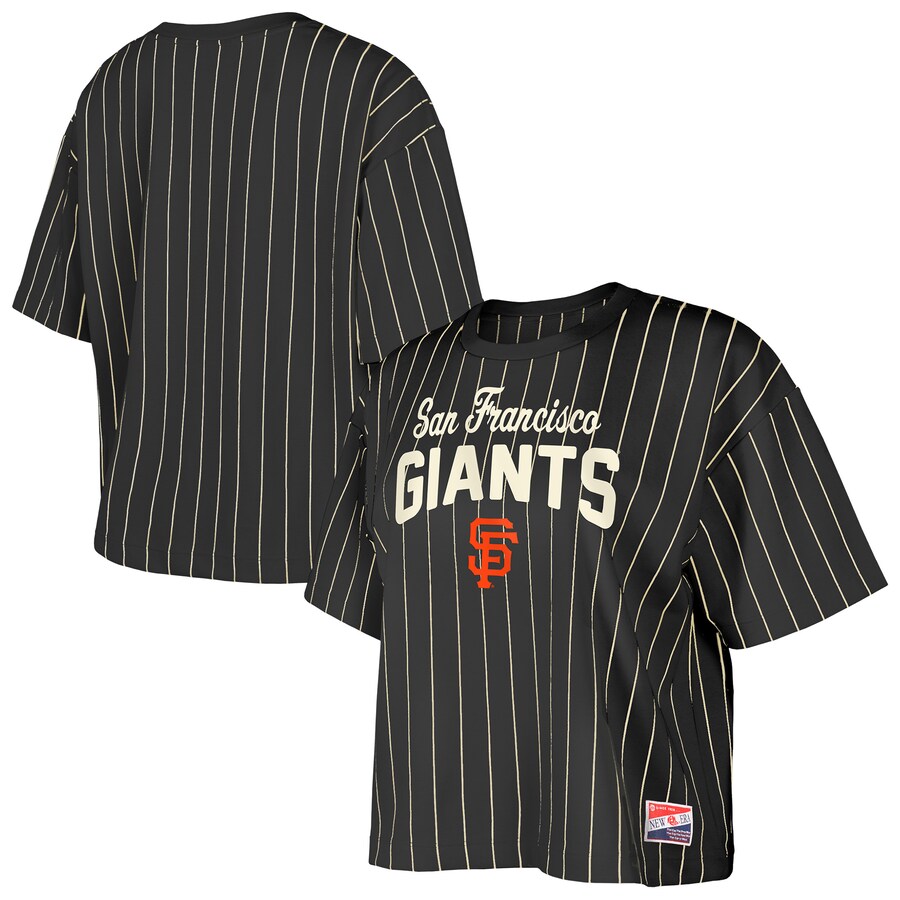 Women's San Francisco Giants New Era Black Cooperstown Collection Multiplier Pinstripe Cropped T-Shirt - Puhuasuan
