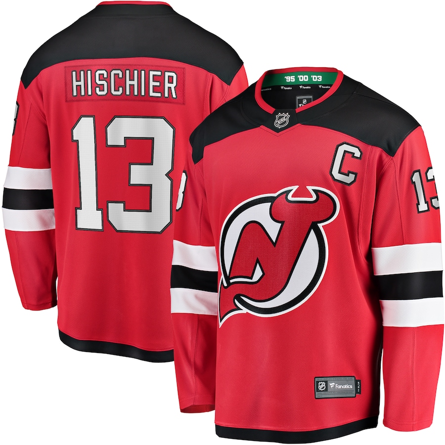 Men's New Jersey Devils Nico Hischier Fanatics Red Captain Patch Home Breakaway Jersey - Puhuasuan