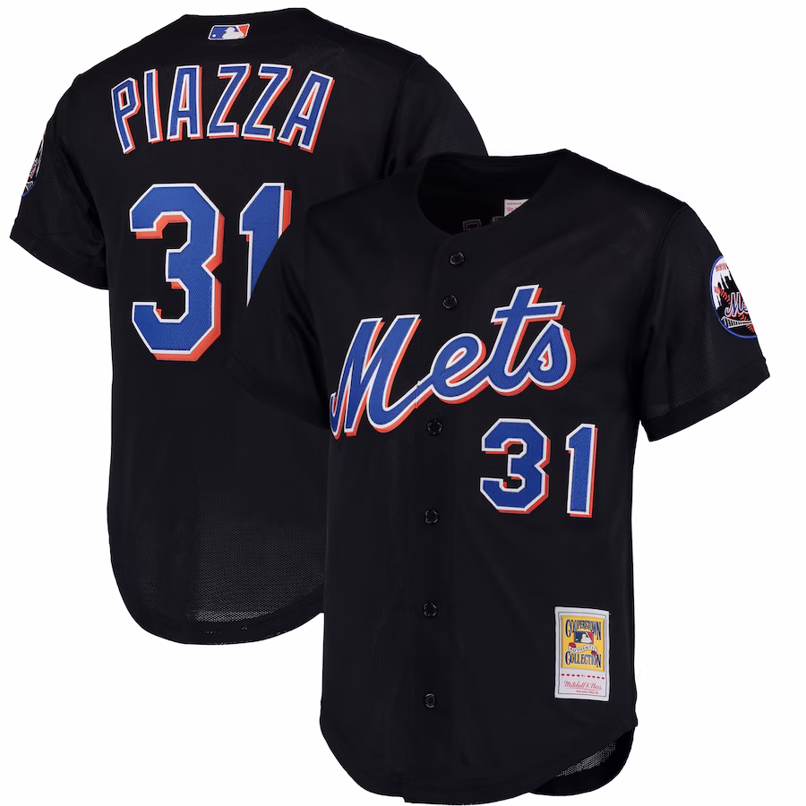 Men's New York Mets Mike Piazza Mitchell & Ness Black Cooperstown Collection Mesh Batting Practice Button-Up Jersey - Puhuasuan