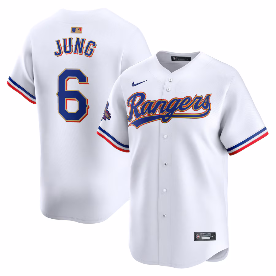 Men's Texas Rangers Josh Jung Nike White 2024 Gold Collection Limited Player Jersey - Puhuasuan