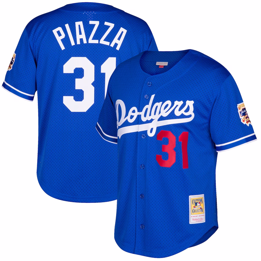 Men's Los Angeles Dodgers Mike Piazza Mitchell & Ness Royal Cooperstown Collection Mesh Batting Practice Button-Up Jersey - Puhuasuan