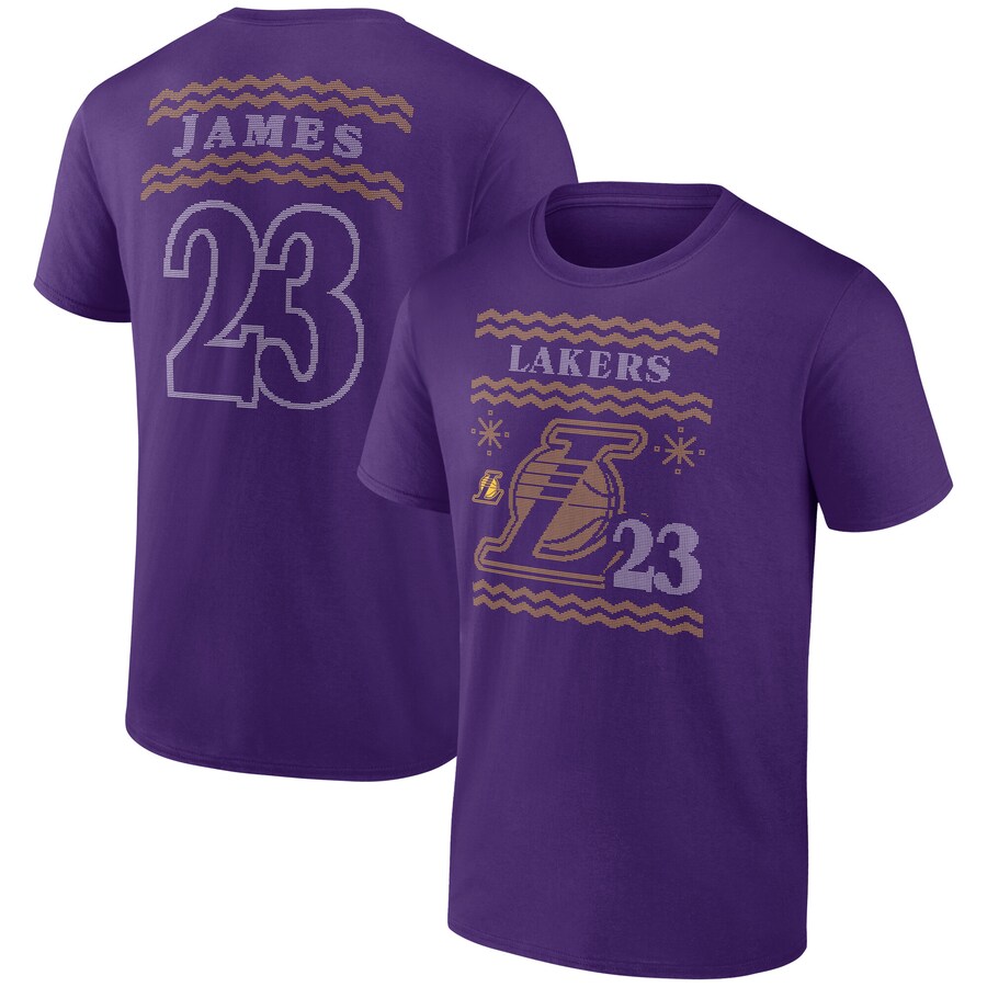 Men's Los Angeles Lakers LeBron James Purple Ugly Sweater Name & Number T-Shirt - Puhuasuan