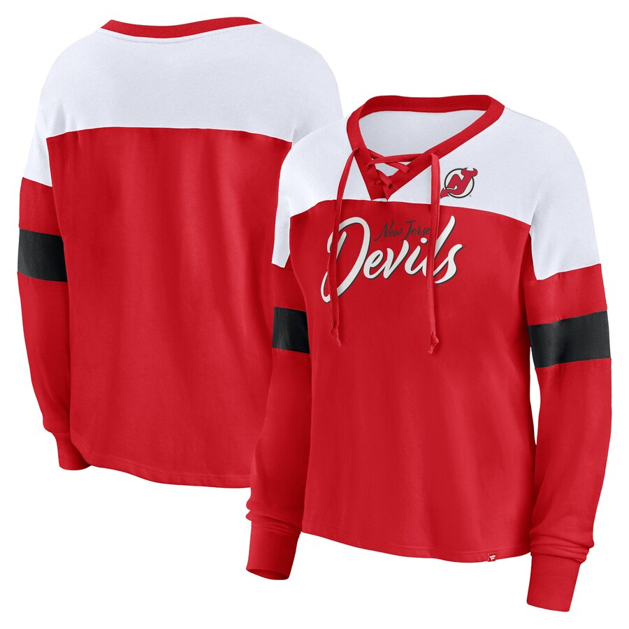 Women's New Jersey Devils Fanatics Red Take the Shot Long Sleeve Lace-Up V-Neck T-Shirt - Puhuasuan