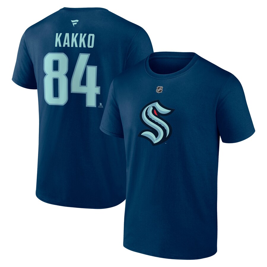 Men's Seattle Kraken Kaapo Kakko Fanatics Deep Sea Blue Authentic Stack Name & Number T-Shirt - Puhuasuan