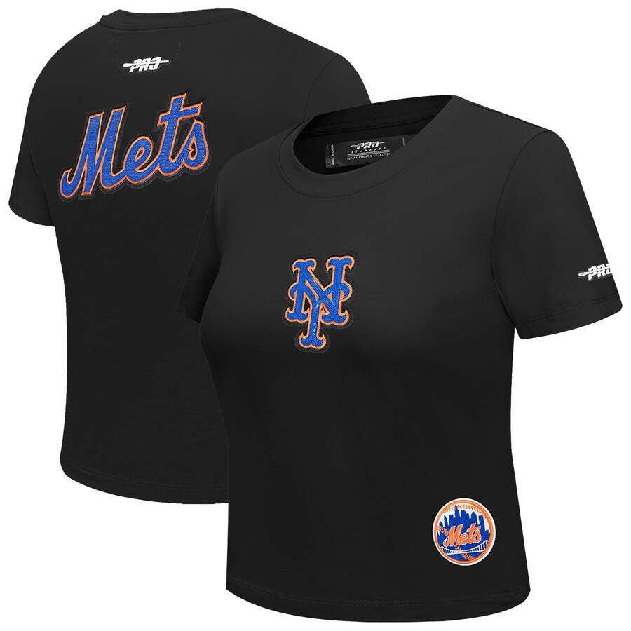 Women's New York Mets Pro Standard Black Game Day Classics Baby Doll Cropped T-Shirt - Puhuasuan