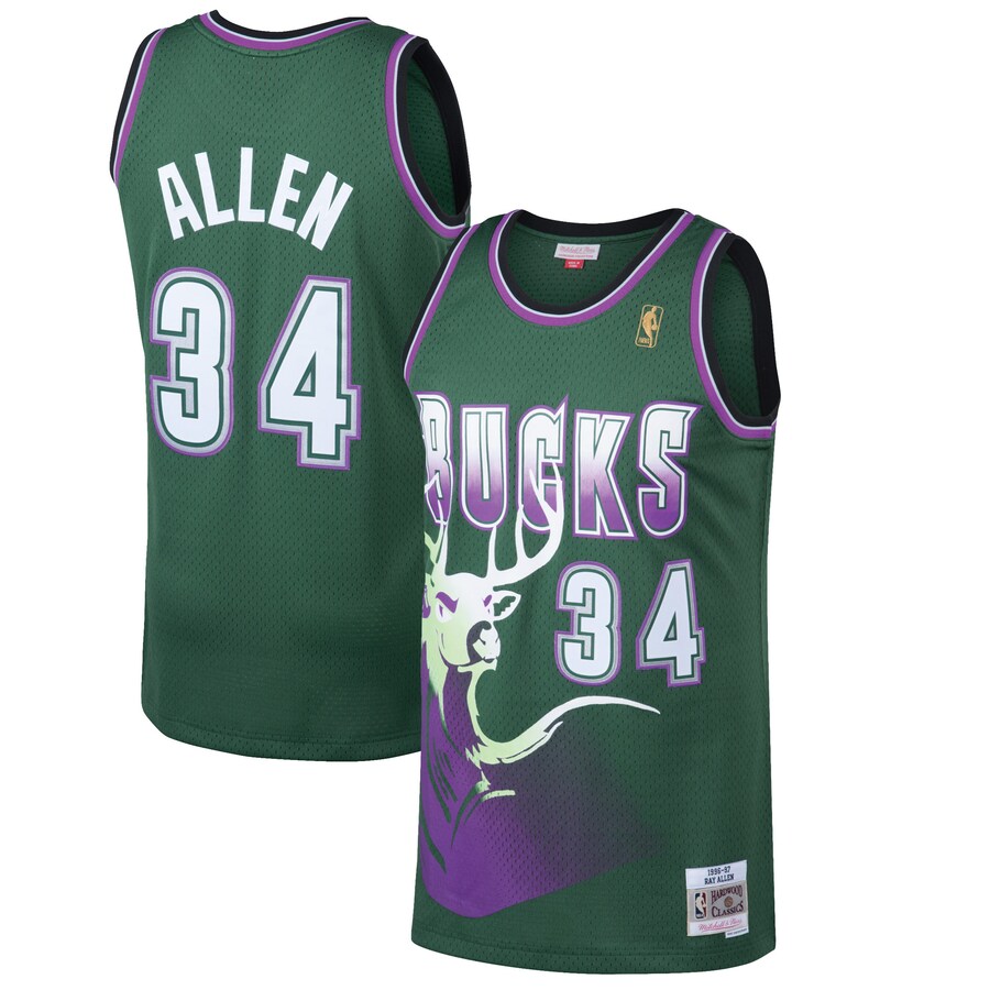 Men's Milwaukee Bucks Ray Allen Mitchell & Ness Kelly Green 1996/97 Hardwood Classics Swingman Jersey - Puhuasuan