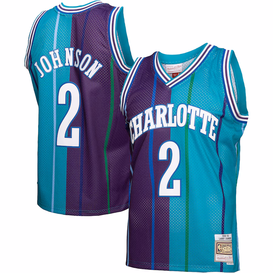 Men's Charlotte Hornets Larry Johnson Mitchell & Ness Teal/Purple Hardwood Classics 1992/93 Split Swingman Jersey - Puhuasuan