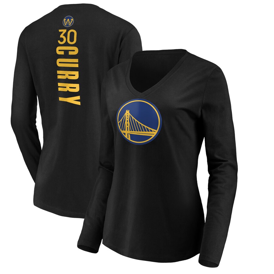 Women's Golden State Warriors Stephen Curry Black Playmaker Name & Number Long Sleeve V-Neck T-Shirt - Puhuasuan