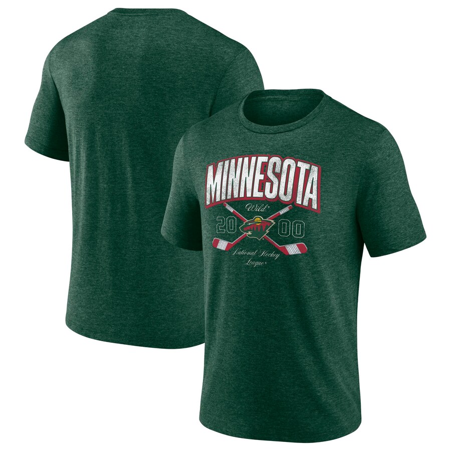 Men's Minnesota Wild Fanatics Heather Green Cross Sticks Tri-Blend T-Shirt - Puhuasuan