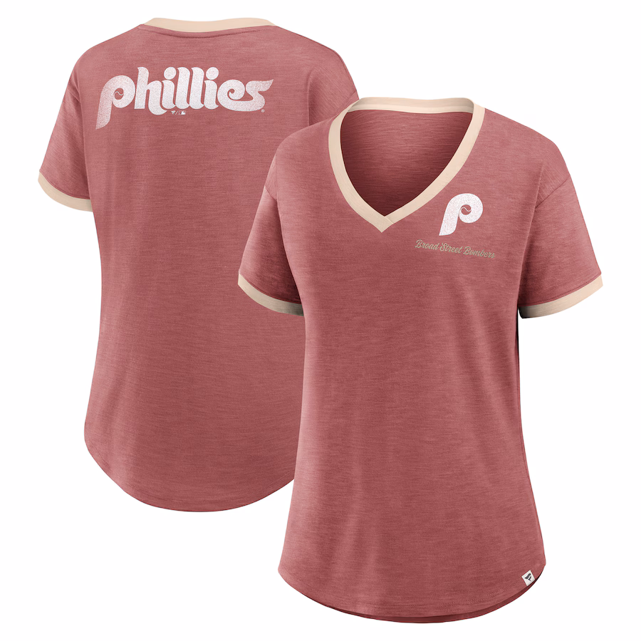 Women's Philadelphia Phillies Fanatics Burgundy Binge Worthy Stadium Slub V-Neck T-Shirt - Puhuasuan