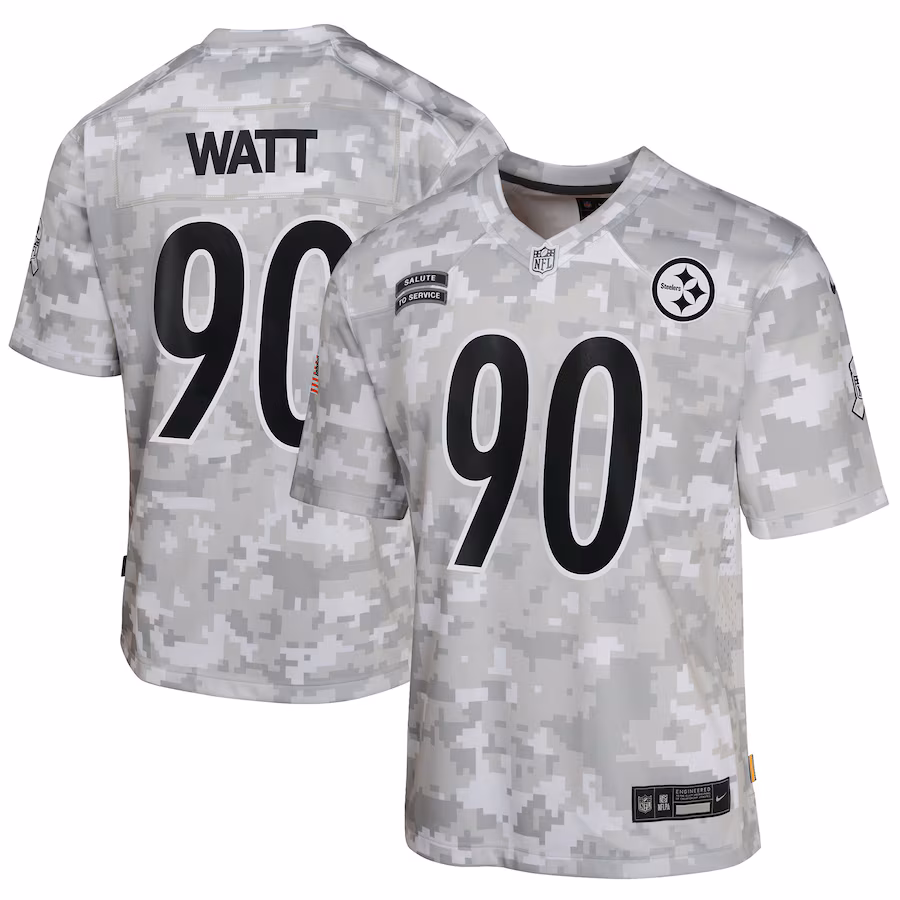 Youth Pittsburgh Steelers T.J. Watt Nike Arctic Camo 2024 Salute to Service Game Jersey - Puhuasuan