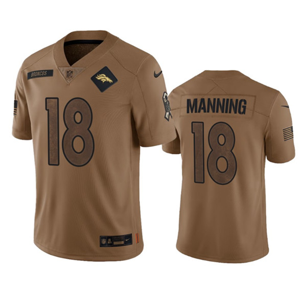 Men's Denver Broncos #18 Peyton Manning 2023 Brown Salute To Service Limited Football Stitched Jersey - Puhuasuan