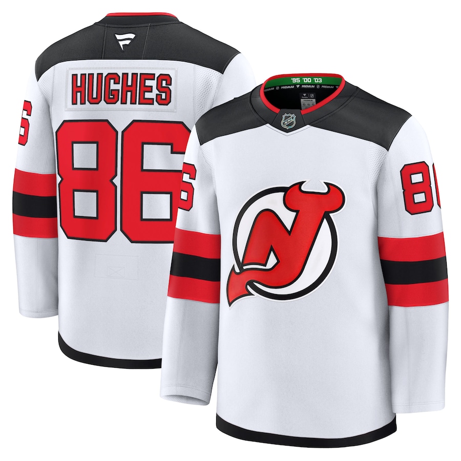 Men's New Jersey Devils Jack Hughes Fanatics White Away Premium Jersey - Puhuasuan