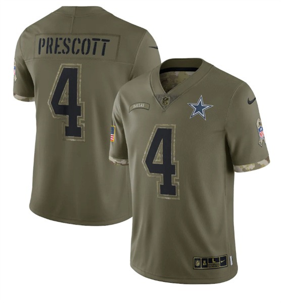 Men's Dallas Cowboys #4 Dak Prescott 2022 Olive Salute To Service Limited Stitched Jersey - Puhuasuan